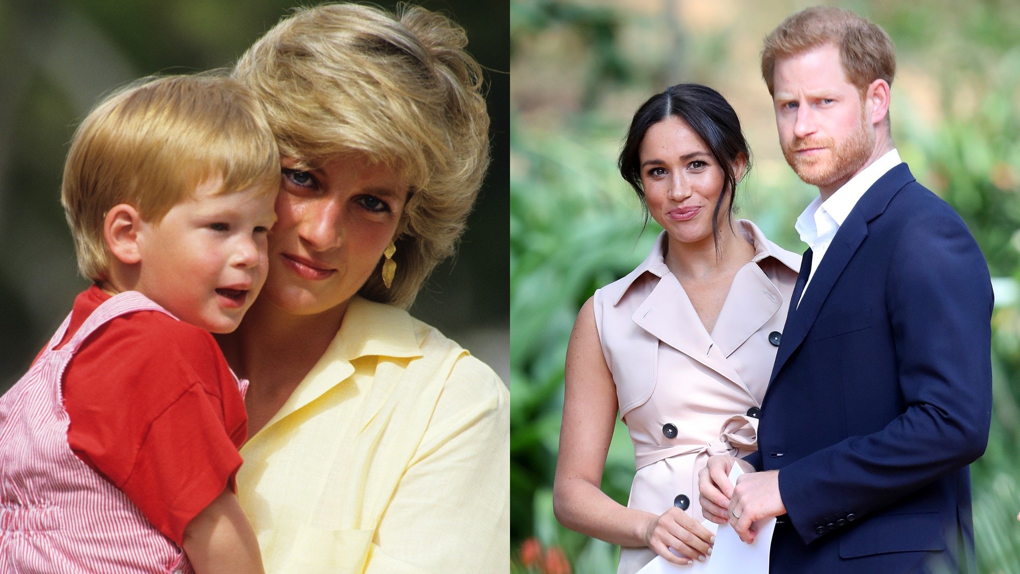 (L) Princess Diana with Prince Harry in 1987. (R) Prince Harry and Meghan Markle pictured in 2019.