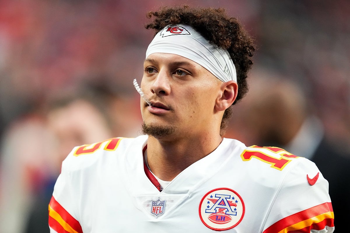 Quarterback Patrick Mahomes on the field during warms up prior to a game against the Las Vegas Raiders