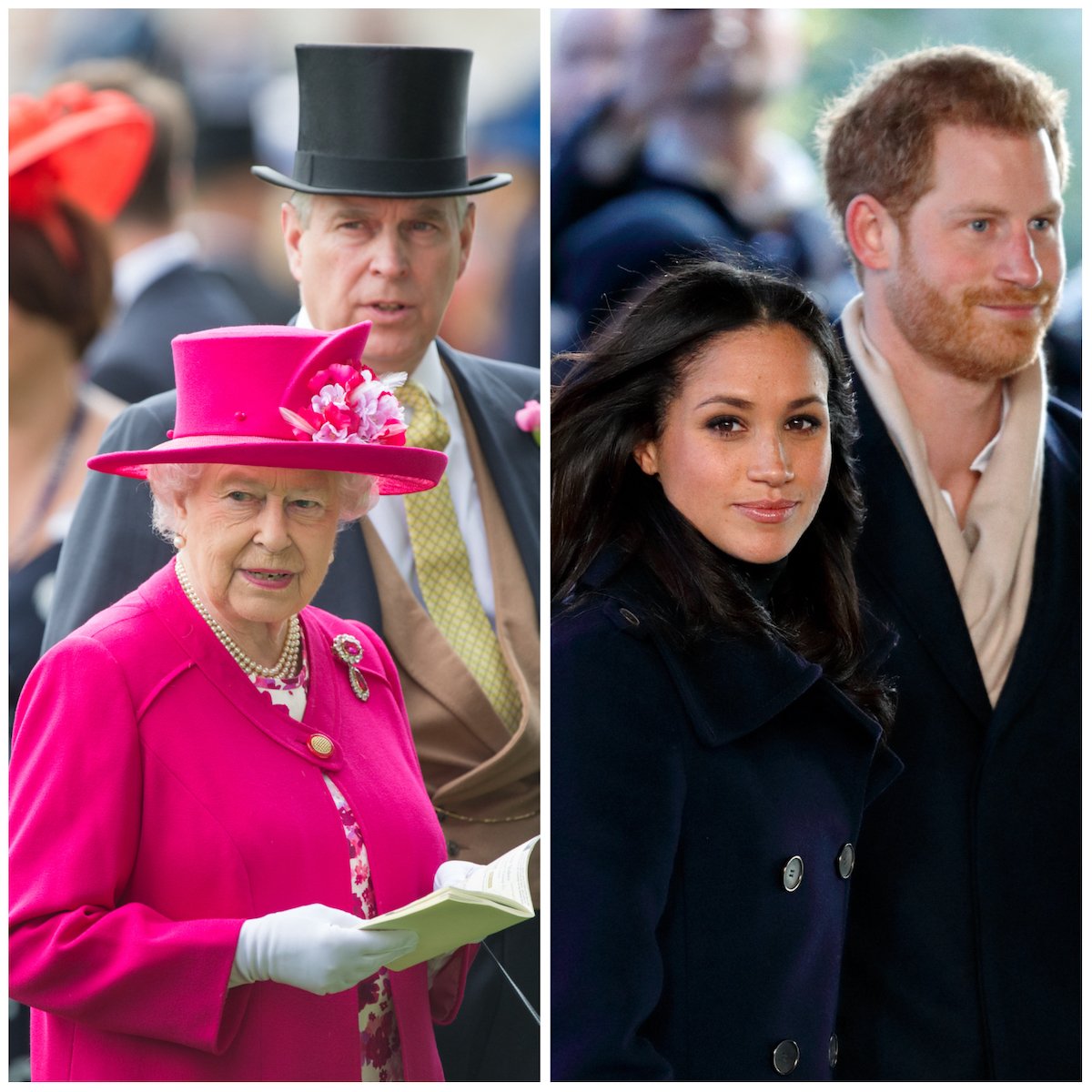 Queen Elizabeth II and Prince Andrew, whom Meghan Markle mistook for Queen Elizabeth's assistant, according to Prince Harry's 'Spare' memoir,