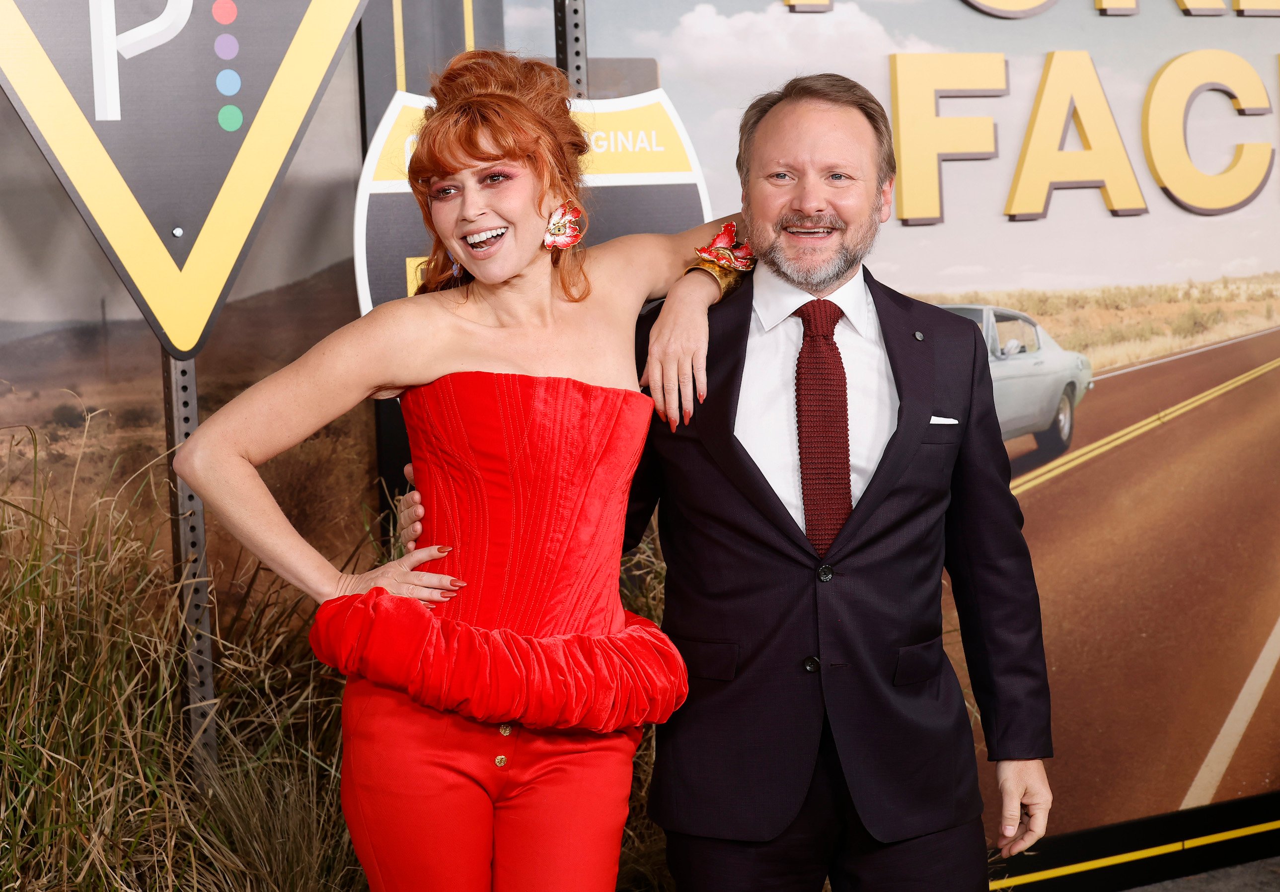 Natasha Lyonna and Rian Johnson attend the Poker Face premiere in Los Angeles