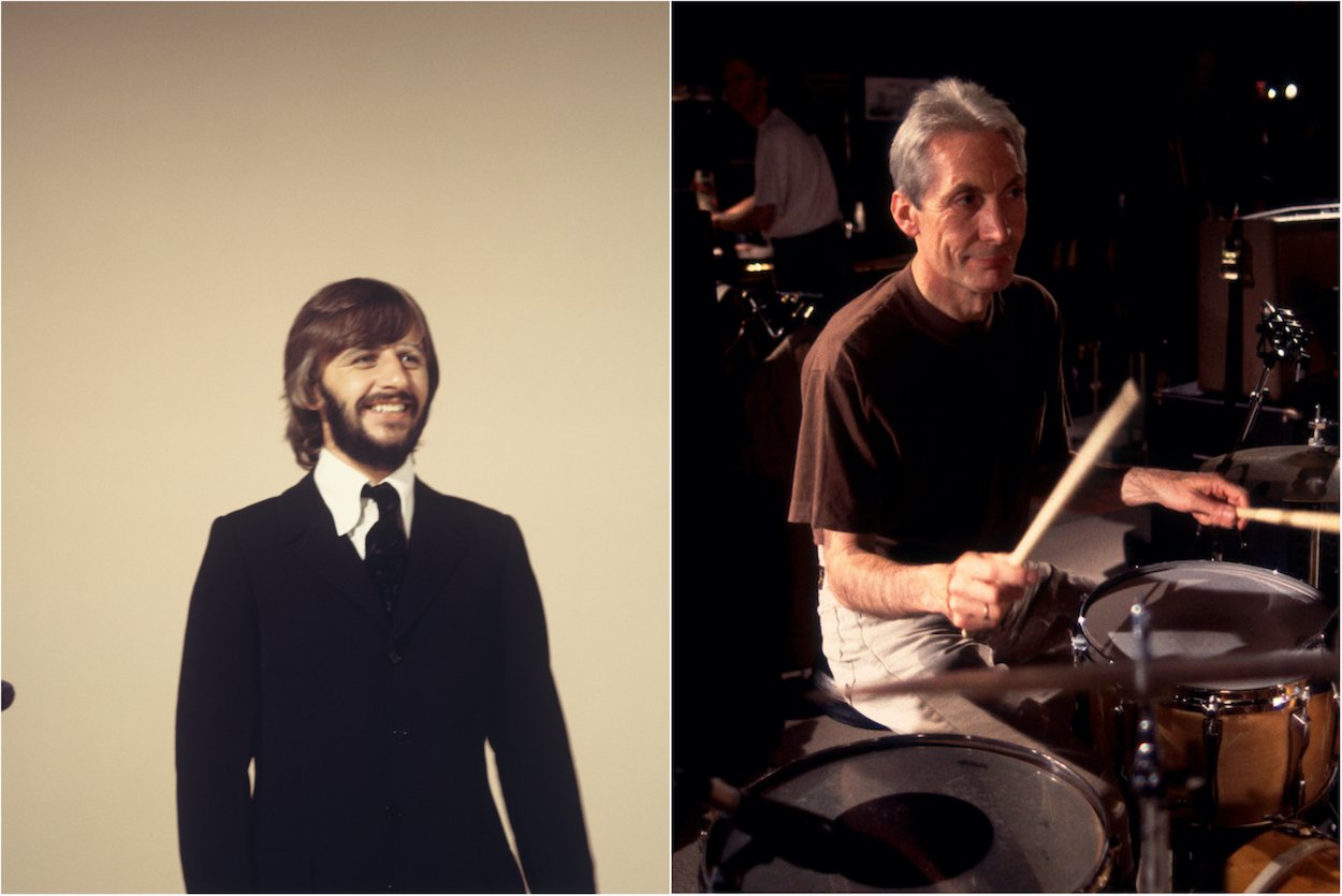 Beatles drummer Ringo Starr appears on a BBC broadcast in 1968; The Rolling Stones' Charlie Watts drumming during a 1994 tour.