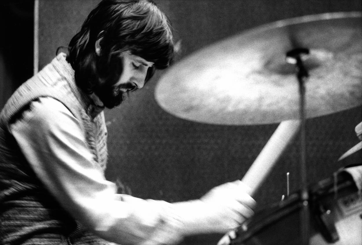 Ringo Starr drumming during a recording session with B.B. King in London circa 1971.