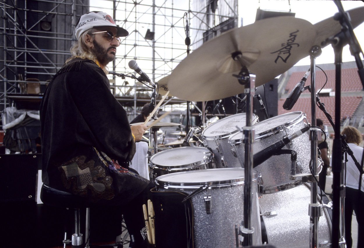 Ringo Starr sits at his drum kit at Jones Beach Theater in New York in 1989 during the first All-Starr Band tour.