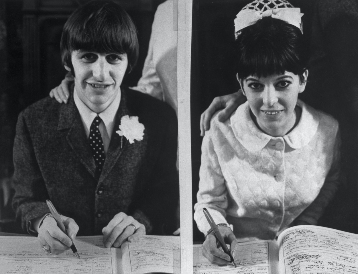 Beatles drummer Ringo Starr (left) and Maureen Cox add their names to the register at London's Caxton Hall after their wedding in 1965.