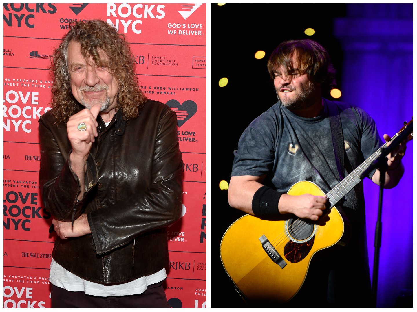 Robert Plant wears a black jacket in front of a red background. Jack Black plays guitar on a stage.