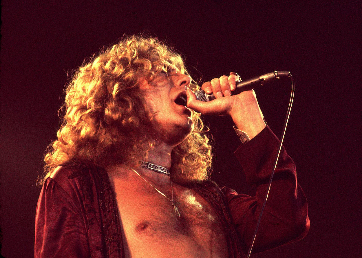 Led Zeppelin singer Robert Plant sings during a 1977 concert