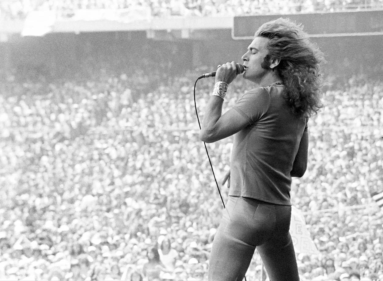 Robert Plant singing for Led Zeppelin during a 1977 concert at the Oakland Coliseum in California.