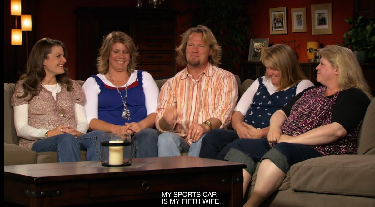 Robyn Brown, Meri Brown, Kody Brown, Christine Brown, and Janelle Brown laugh during a confessional on 'Sister Wives' Season 3 on TLC.