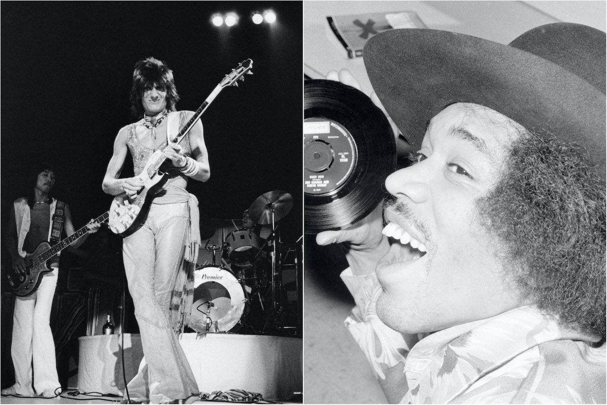 Ronnie Wood plays guitar with The Faces circa 1975; Jimi Hendrix holds a copy of a seven-inch singles in 1967.