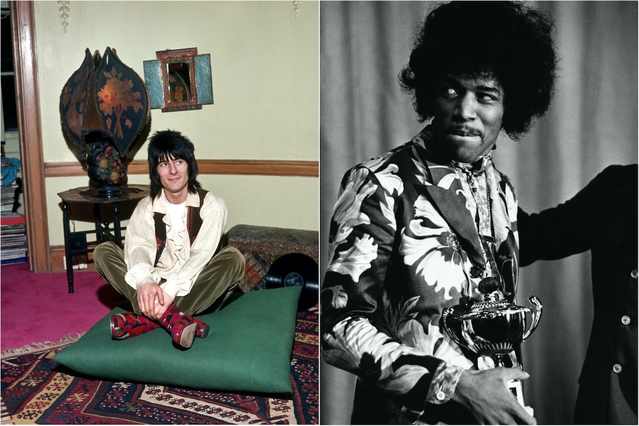 Rolling Stones guitarist Ronnie Wood at home in 1976 (left); Wood's one-time flatmate Jimi Hendrix receives an award in 1967.