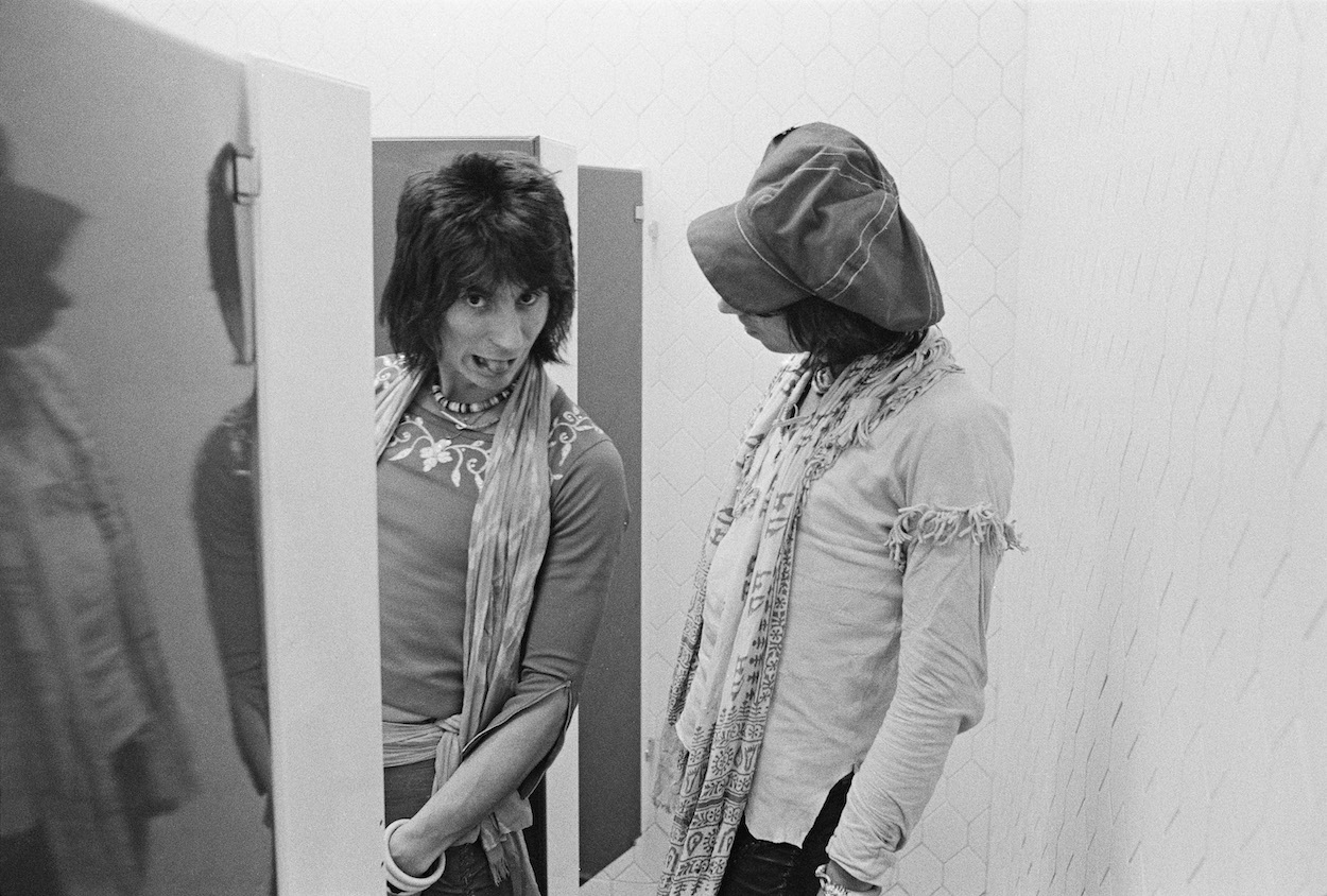 Ronnie Wood (left) and Keith Richards backstage as they prepare for a 1975 Rolling Stones concert.
