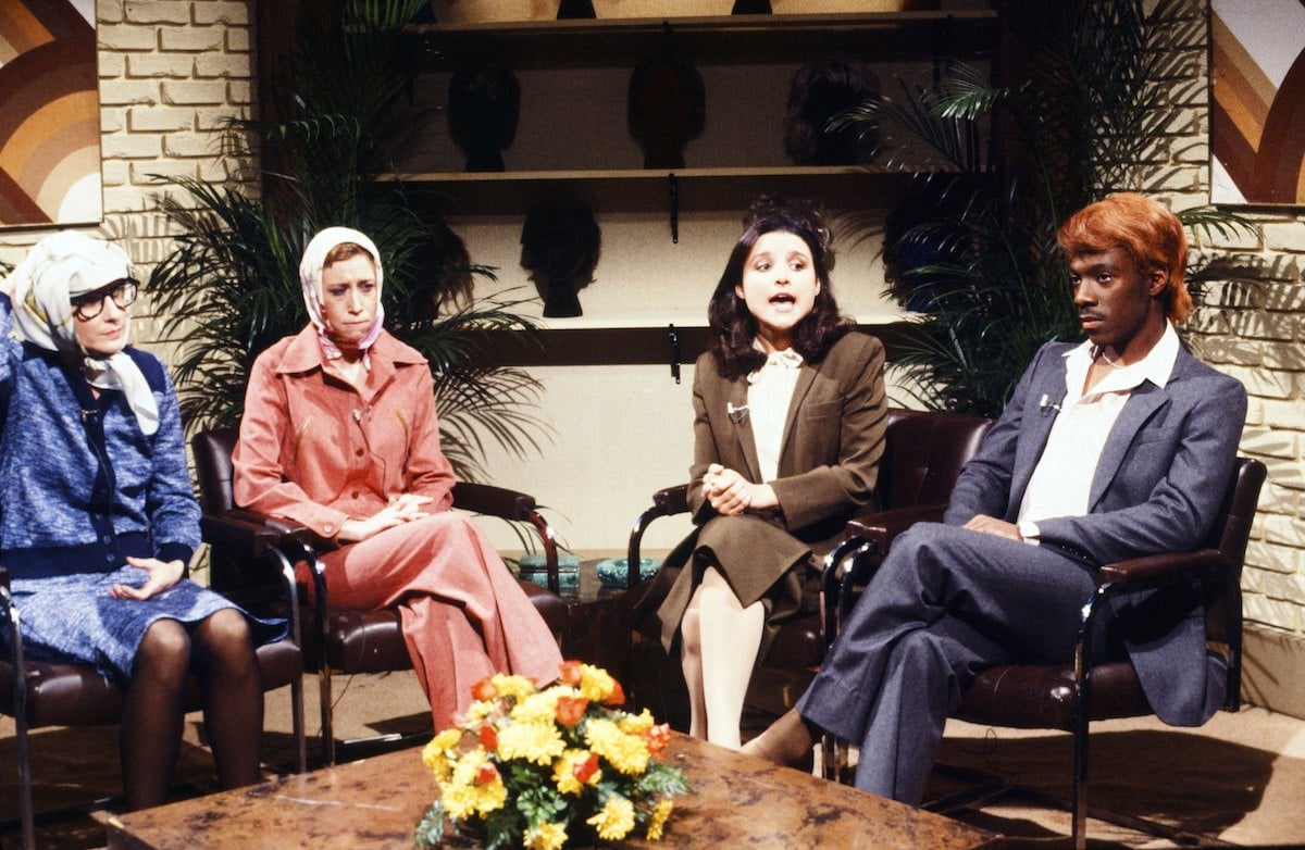Robin Duke, Mary Gross, Julia Louis-Dreyfus, and Eddie Murphy during a 1982 Saturday Night Live skit
