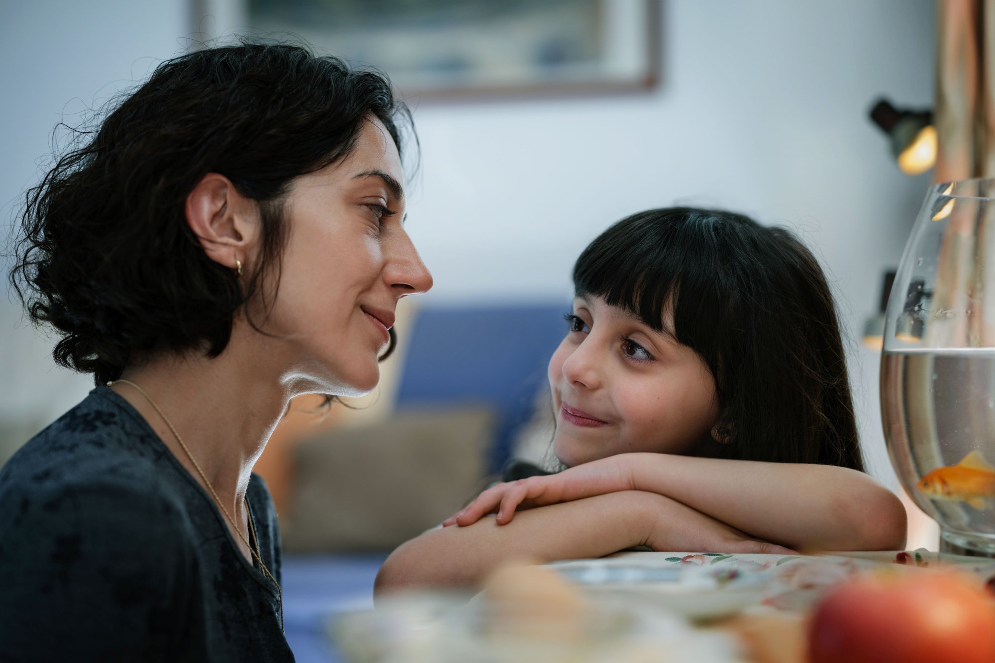 'Shayda' Zar Amir-Ebrahimi as Shayda and Selina Zahednia as Mona. Shayda is smiling at Mona, who has her arms crossed on the table.