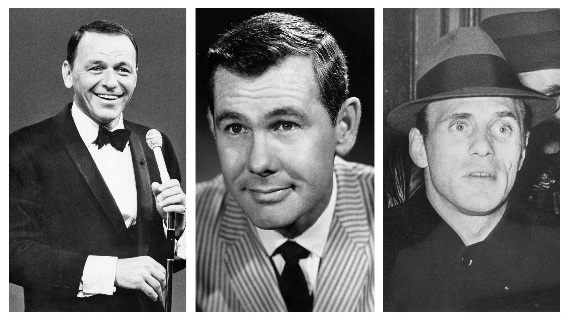 (L) Frank Sinatra performs on his TV special 'Frank Sinatra: A Man and his Music.' (C) Promotional headshot portrait of American comedian and talk show host Johnny Carson, for the talk show 'The Tonight Show' c. 1962. (R) Reputed mobster Joseph "Crazy Joe" Gallo c. 1961.