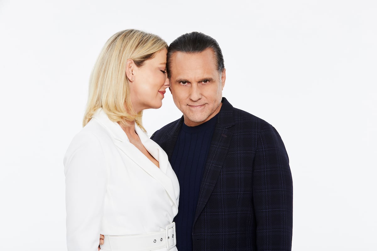 "General Hospital" stars Cynthia Watros as Nina Reeves and Maurice Benard as Sonny Corinthos pose for a promotional photo in front of a white background