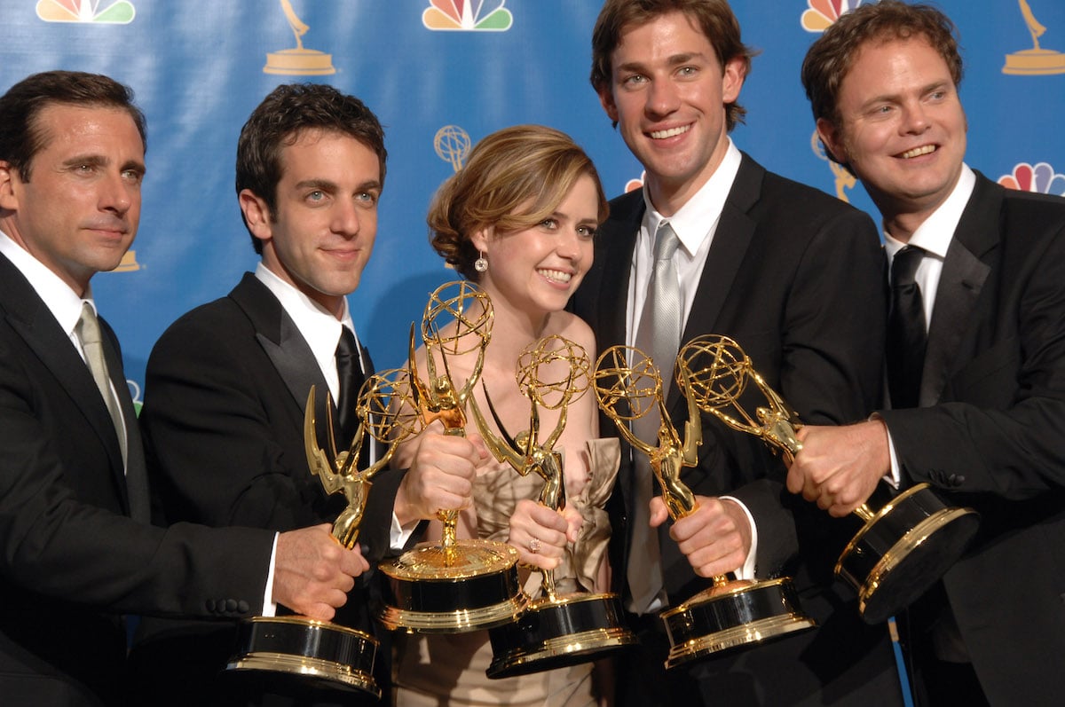 'The Office' stars Steve Carell, B.J. Novak, Jenna Fischer, John Krasinski and Rainn Wilson holding Emmys