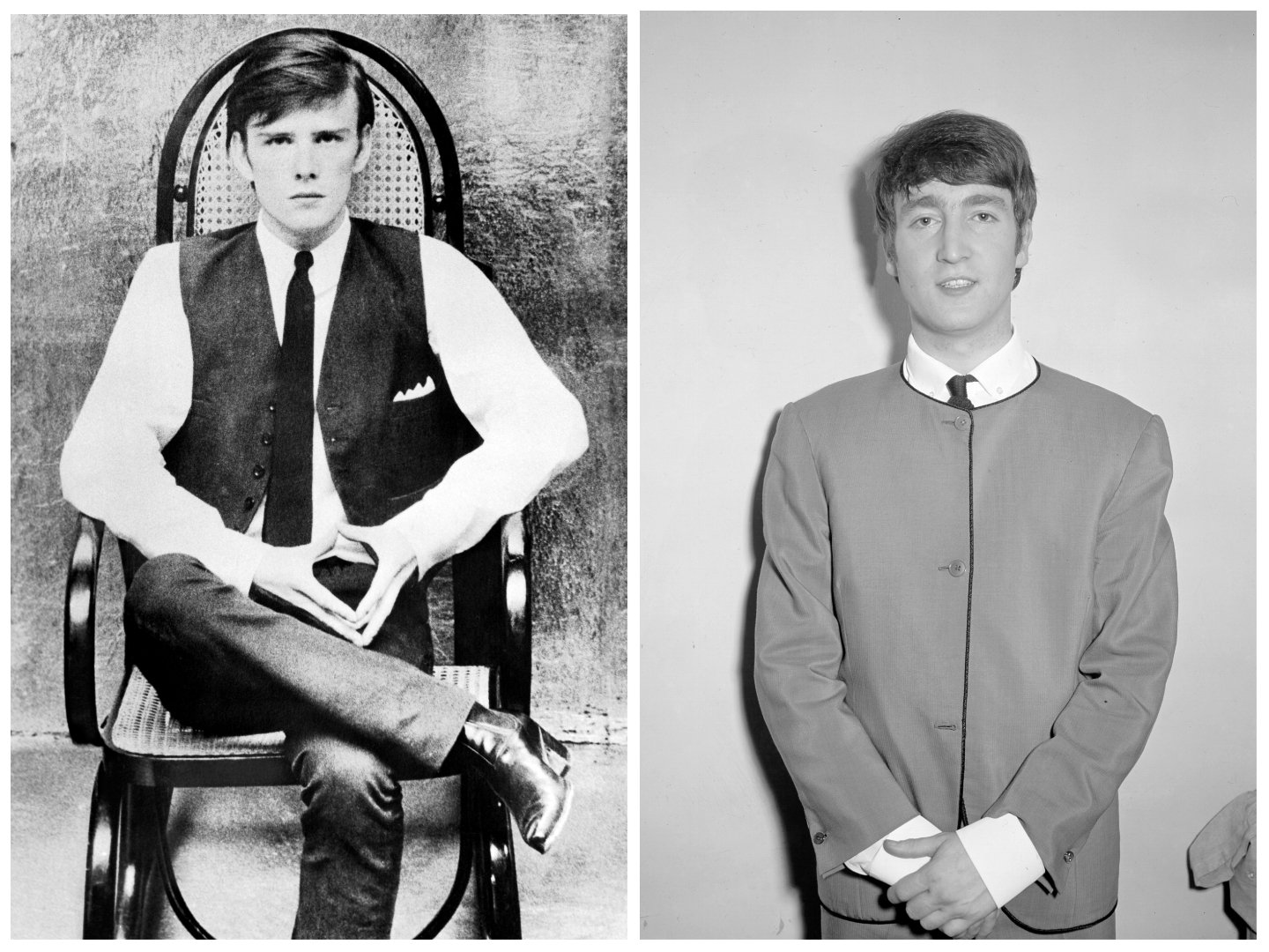 Stuart Sutcliffe sits in a wooden chair. John Lennon wears a suit and stands in fron mof a blank wall.