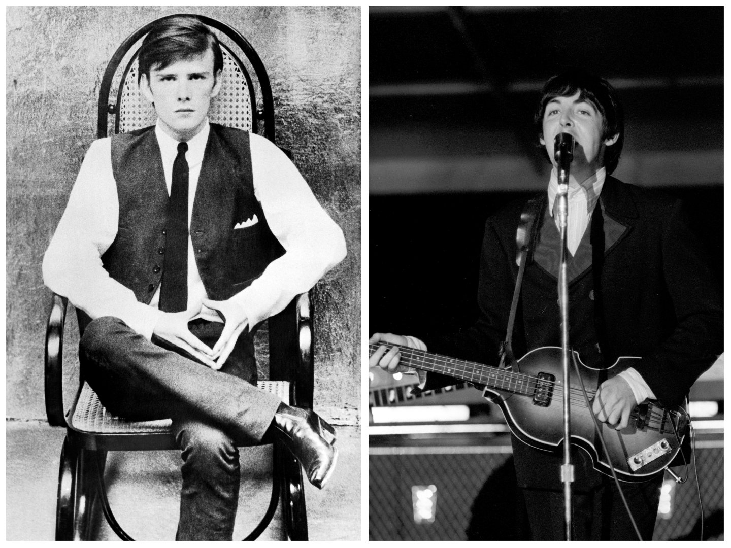 A black and white picture of Stuart Sutcliffe sitting in a chair. Paul McCartney stands at a microphone and plays guitar.