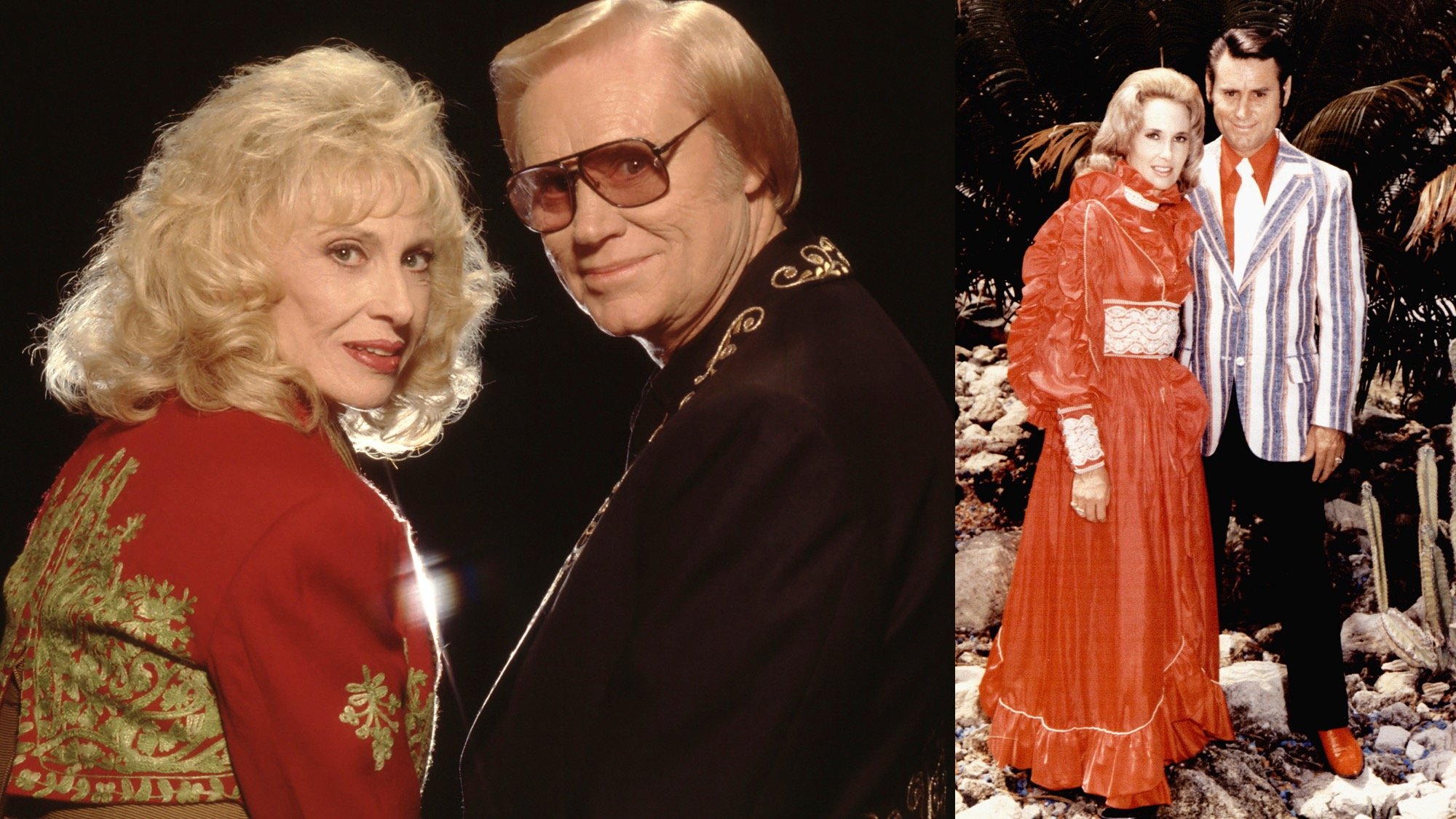 (L) Photo of Tammy Wynette and George Jones c. 1995. (R) Photo of Tammy Wynette and George Jones c. 1970.