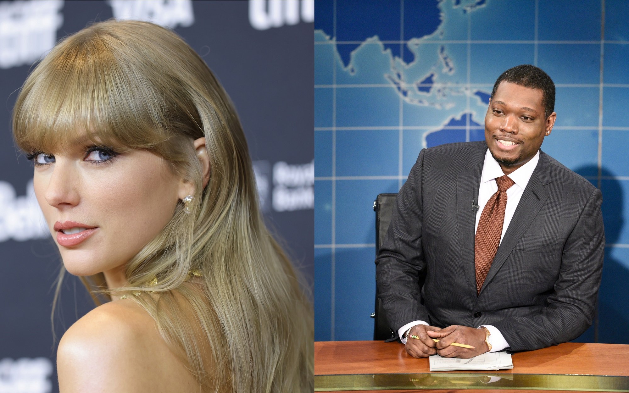 A joined photo of Taylor Swift and Michael Che