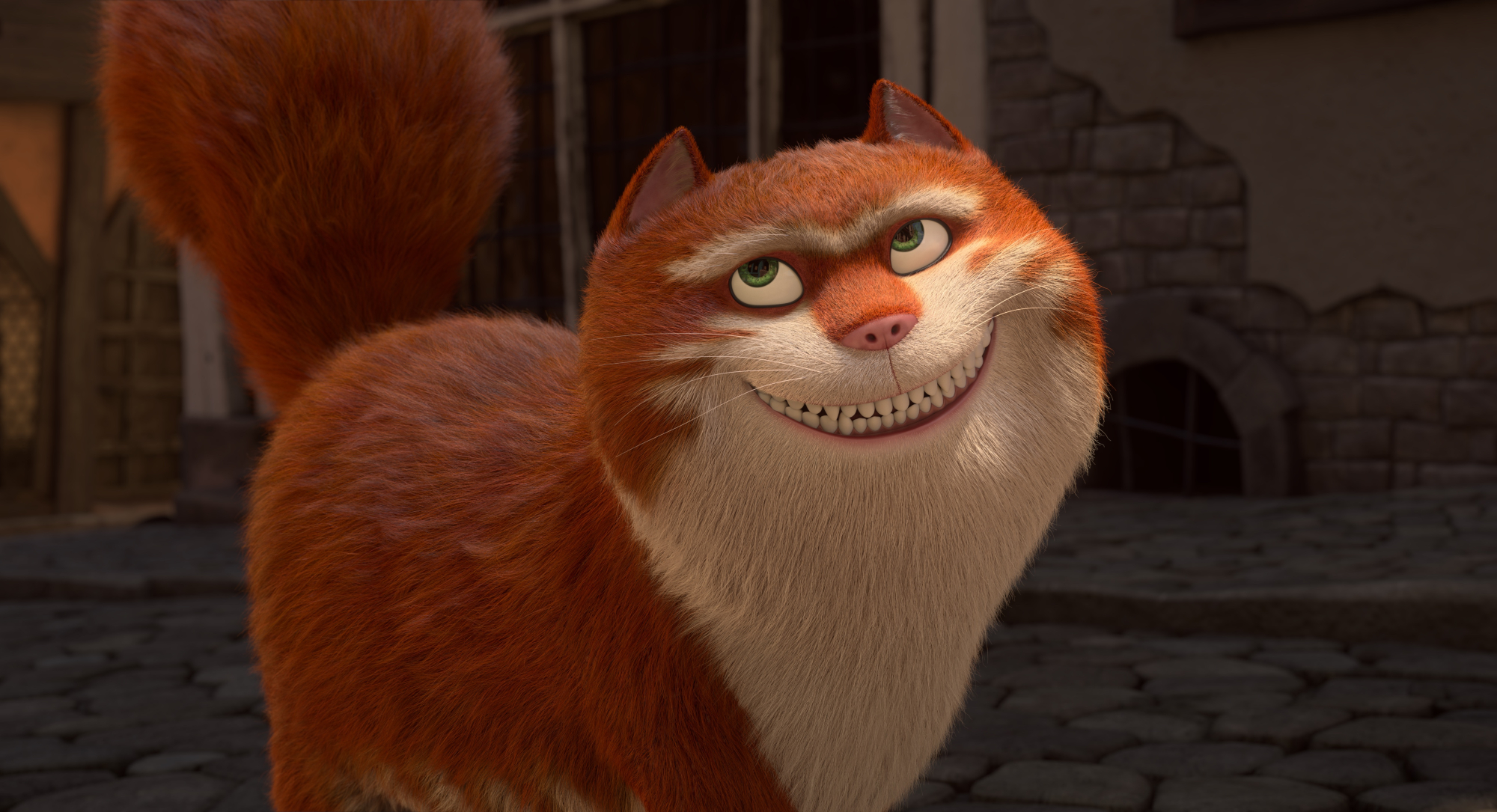 'The Amazing Maurice' Maurice (voiced by Hugh Laurie) smiling while walking on a cobblestone street
