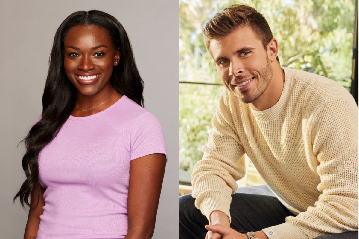 Does Tazhjuan appear on The Bachelor 2023? A split image shows her wearing a pink top on the left and Zach on the right wearing a cream-colored sweater.