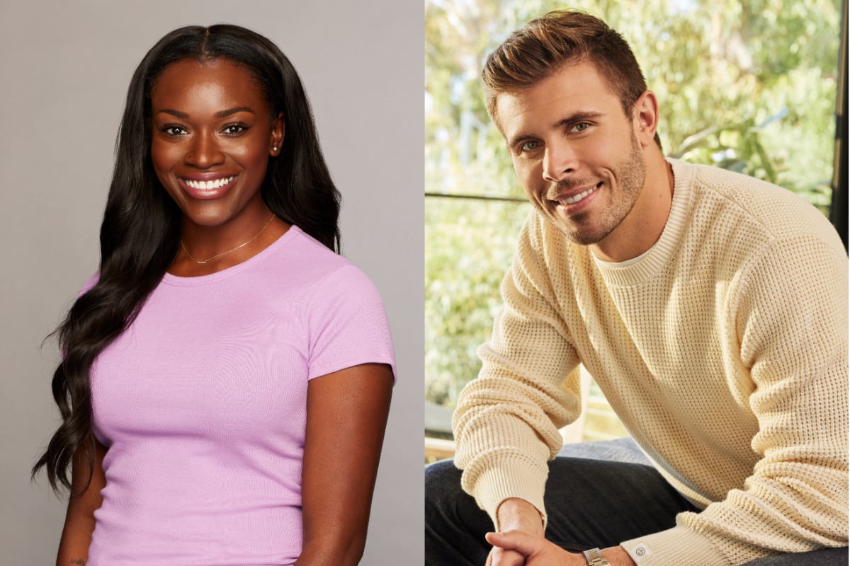 Does Tazhjuan appear on The Bachelor 2023? A split image shows her wearing a pink top on the left and Zach on the right wearing a cream-colored sweater. 