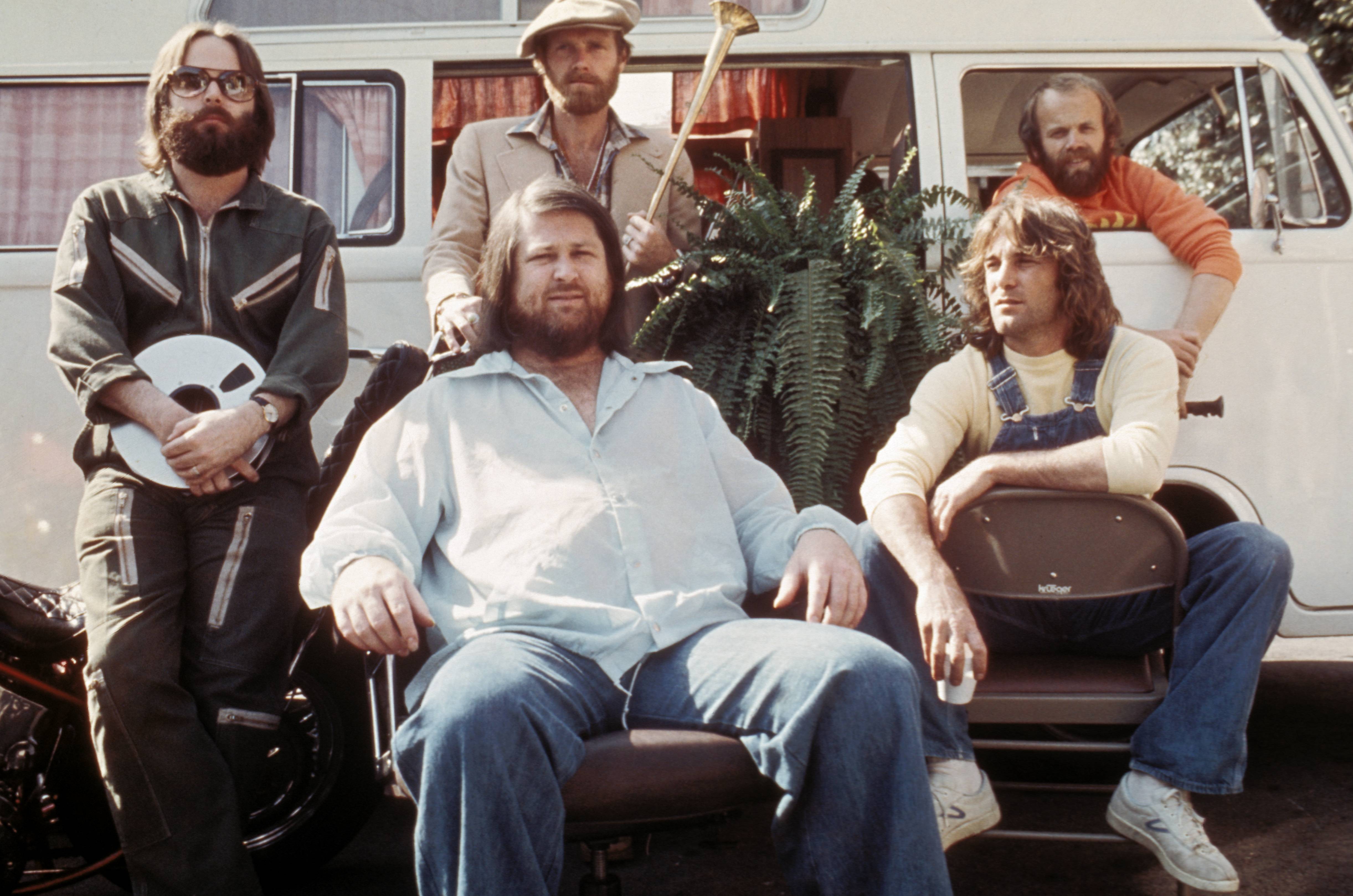 Carl Wilson, Mike Love (back), Brian Wilson (front), Dennis Wilson, Al Jardine of the rock band The Beach Boys