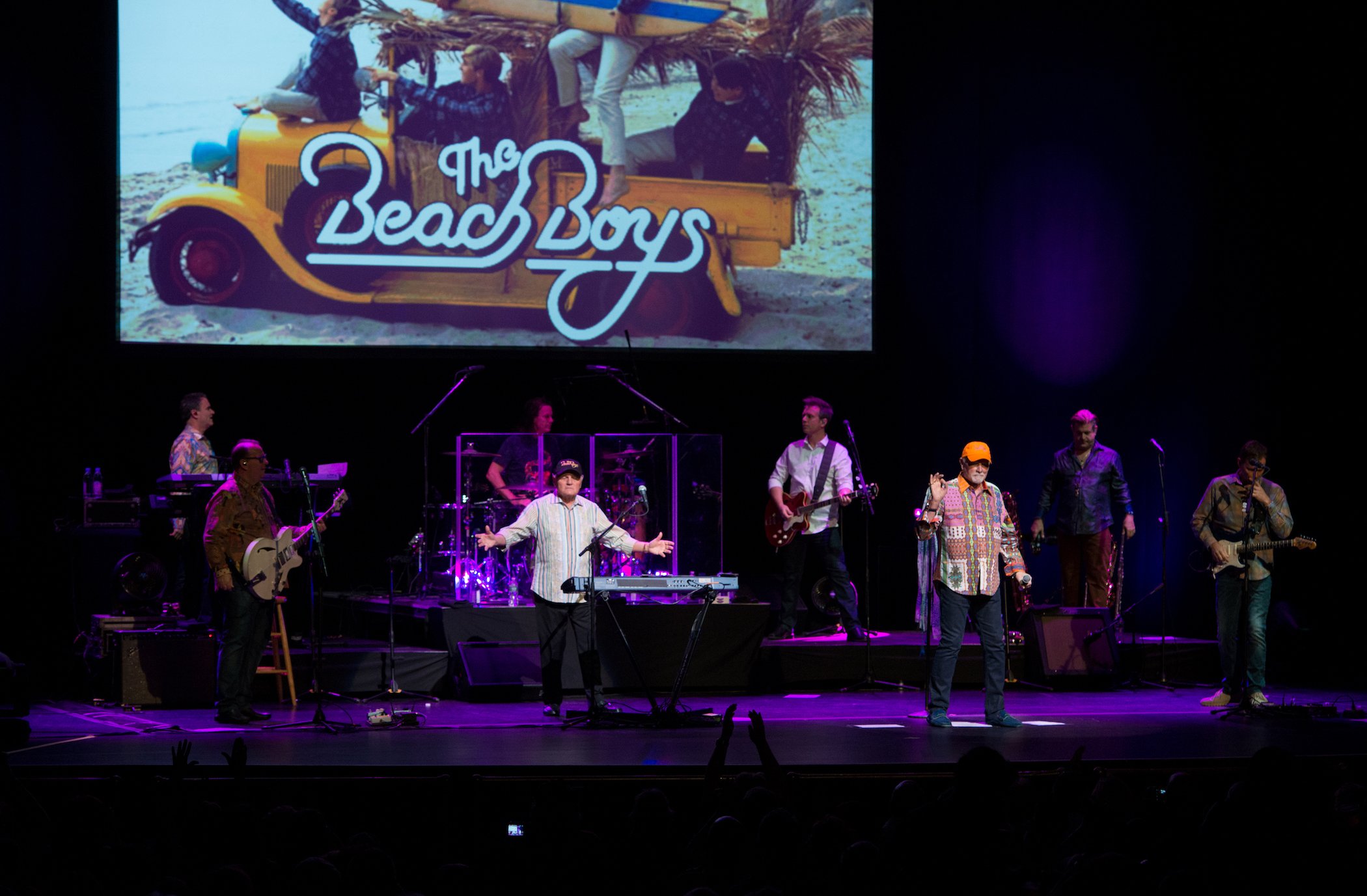 Tim Bonhomme, Jeff Foskett, John Cowsill, Bruce Johnston, Brian Eichenberger, Mike Love, Randy Leago and Scott Totten of The Beach Boys