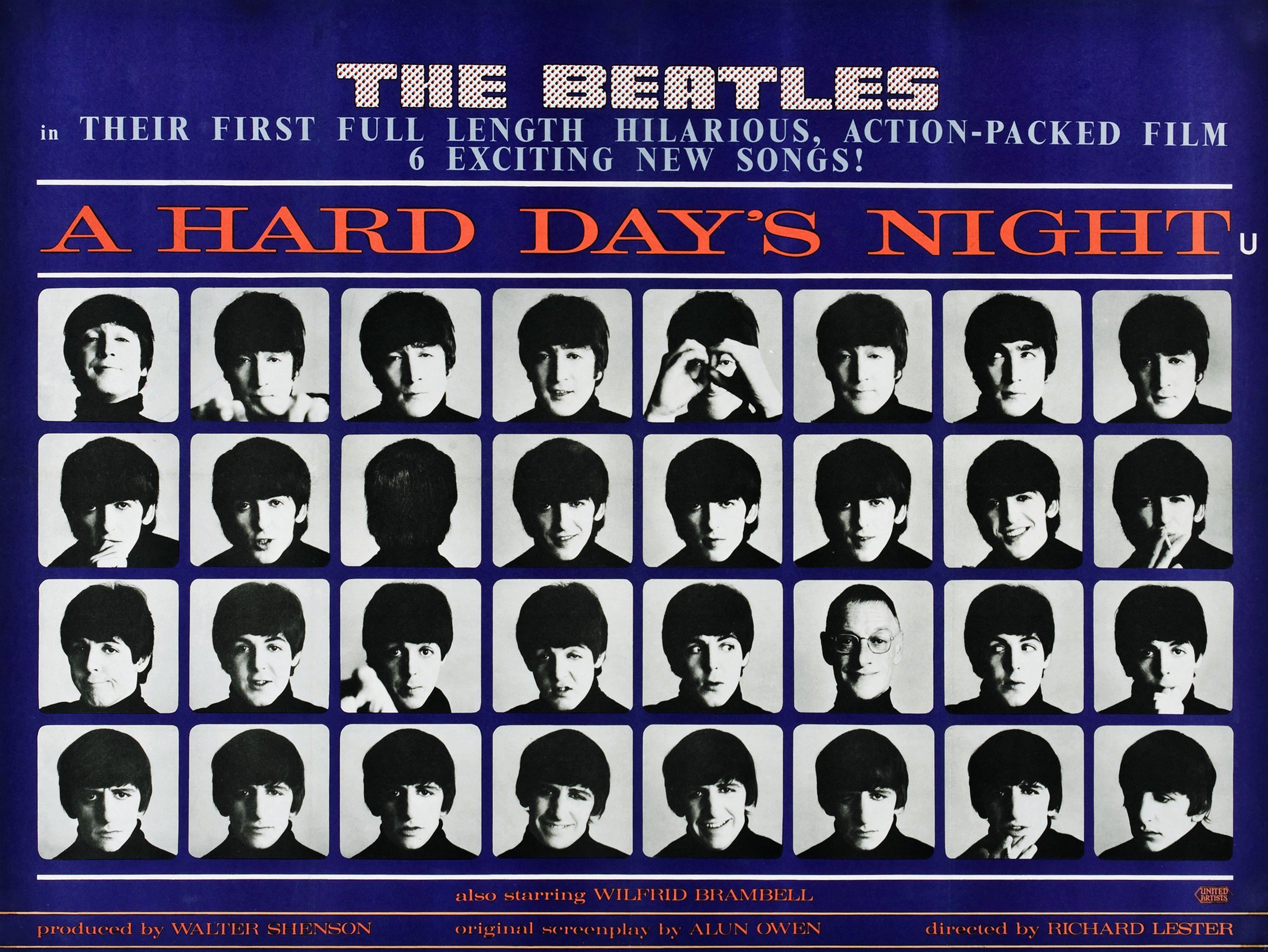 A Hard Day's Night, poster, British poster,, John Lennon, George Harrison, Paul McCartney, and Ringo Starr