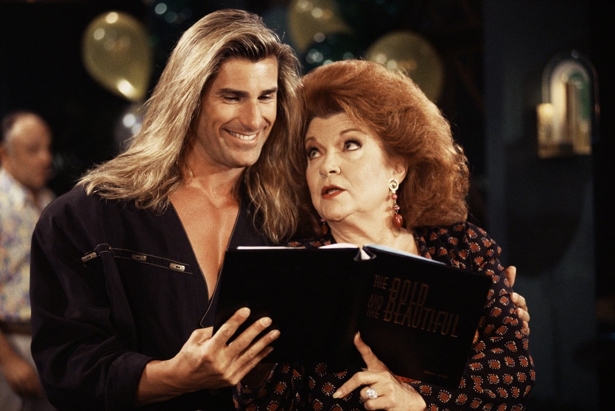 'The Bold and the Beautiful' guest star Fabio hugs Darlene Conley as they read a script.
