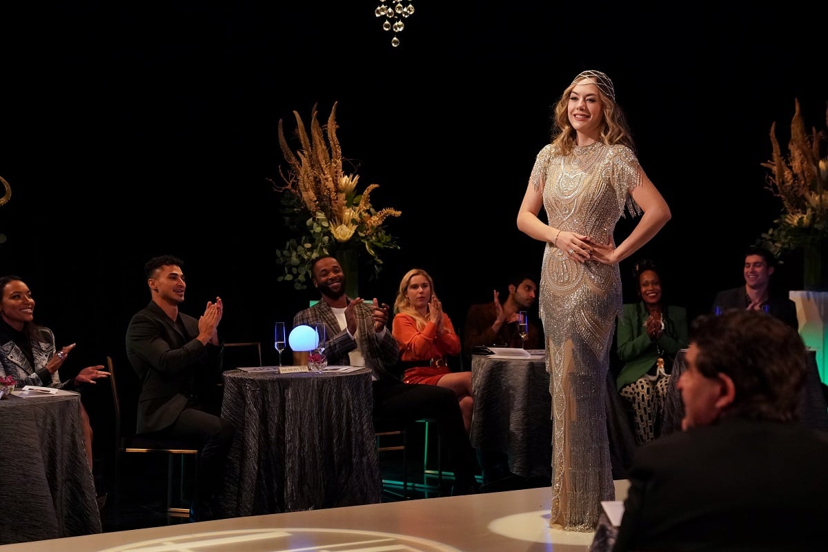 'The Bold and the Beautiful' star Annika Noelle posing on a catwalk during a fashion show scene.