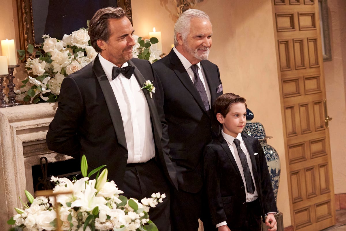 Thorsten Kaye as Ridge Forrester, John McCook as Eric Forrester, and Henry Joseph Samiri as Douglas Forrester film Ridge's wedding on The Bold and the Beautiful