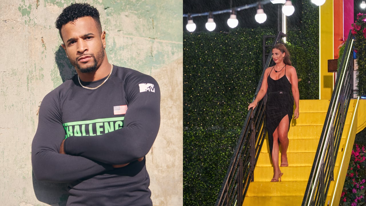 Nelson Thomas posing for 'The Challenge 35' cast photo; Olivia Kaiser walking downstairs during 'Love Island'