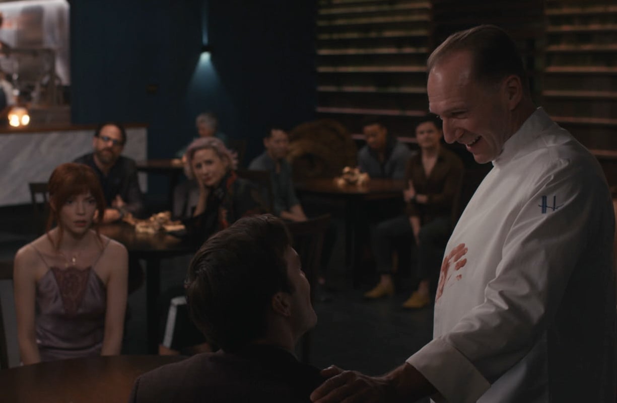 'The Menu': Chef Slowik (Ralph Fiennes) stands over his seated diners
