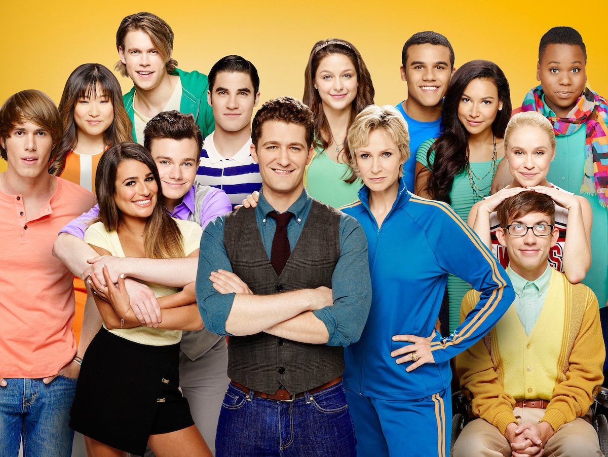 The former cast of "Glee" poses together for a promotional photo.