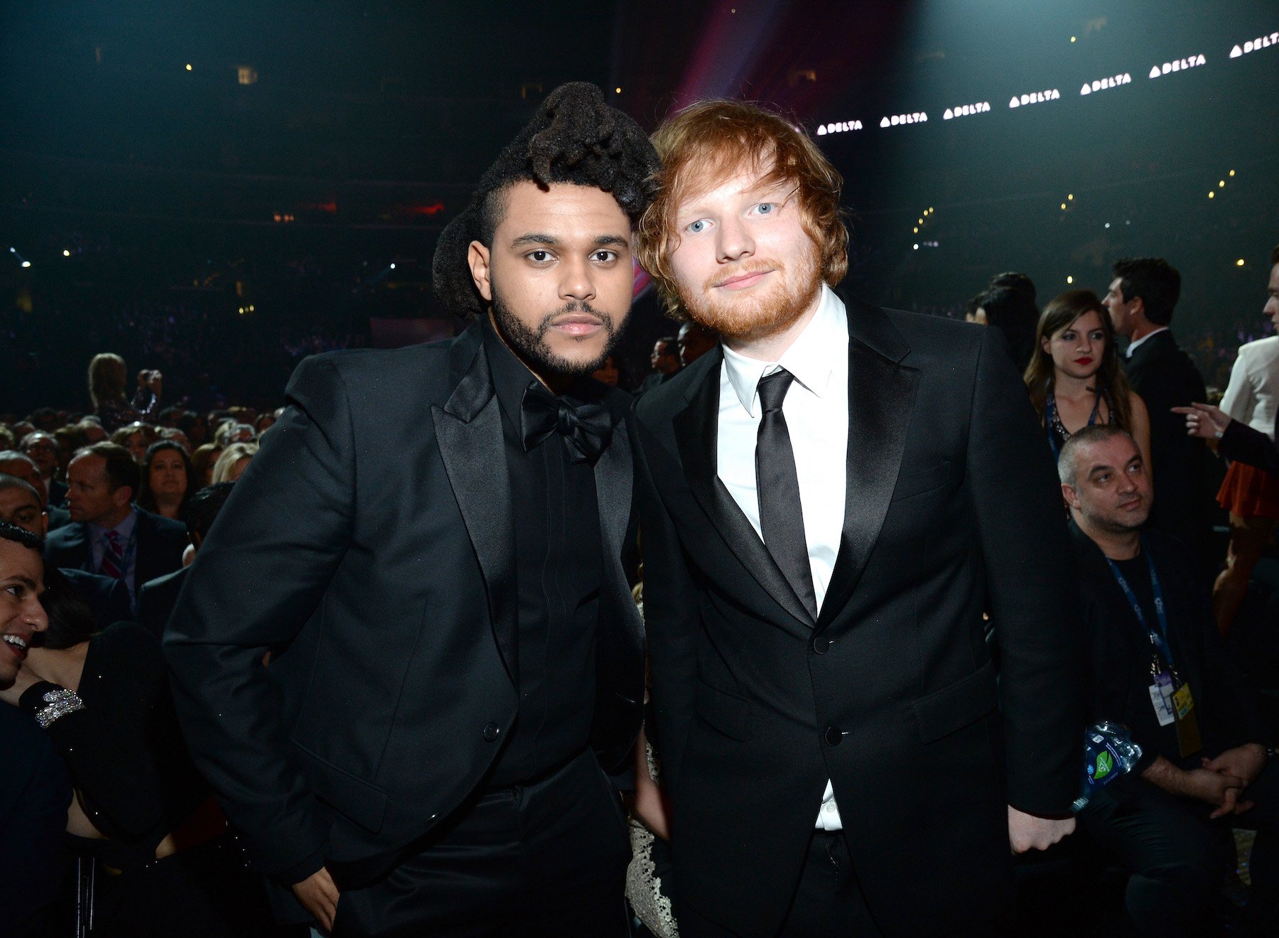 The Weeknd and Ed Sheeran, singers of the two most-streamed songs on Spotify, posing for a photo together