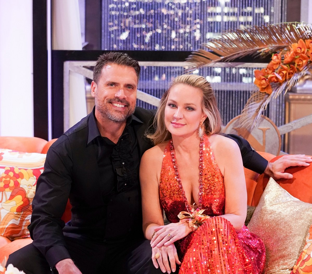 'The Young and the Restless' stars Joshua Morrow and Sharon Case pose together on set of the soap opera.