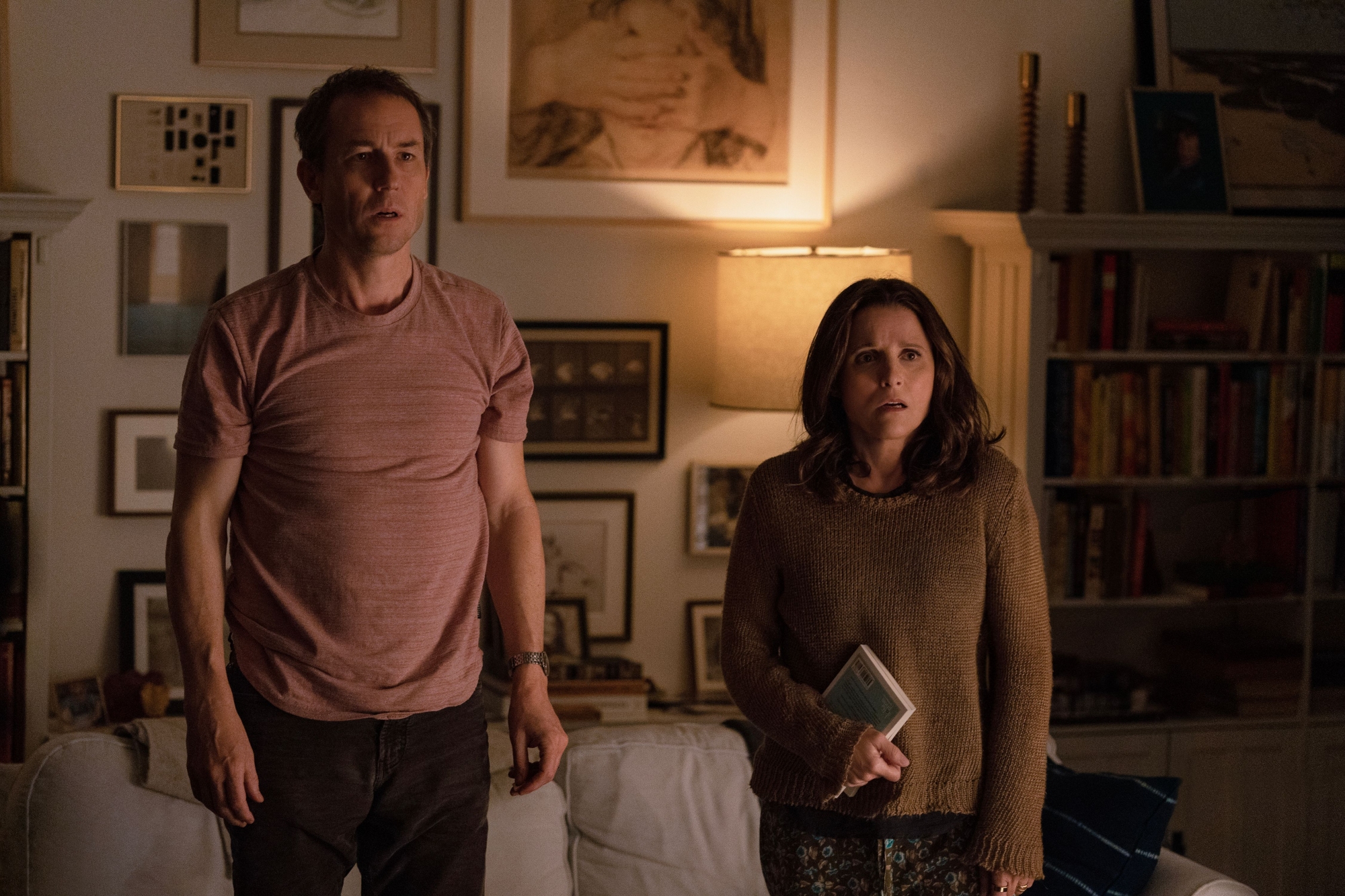 'You Hurt My Feelings' Tobias Menzies as Don and Julia Louis-Dreyfus as Beth looking surprised standing in their living room in front of their couch
