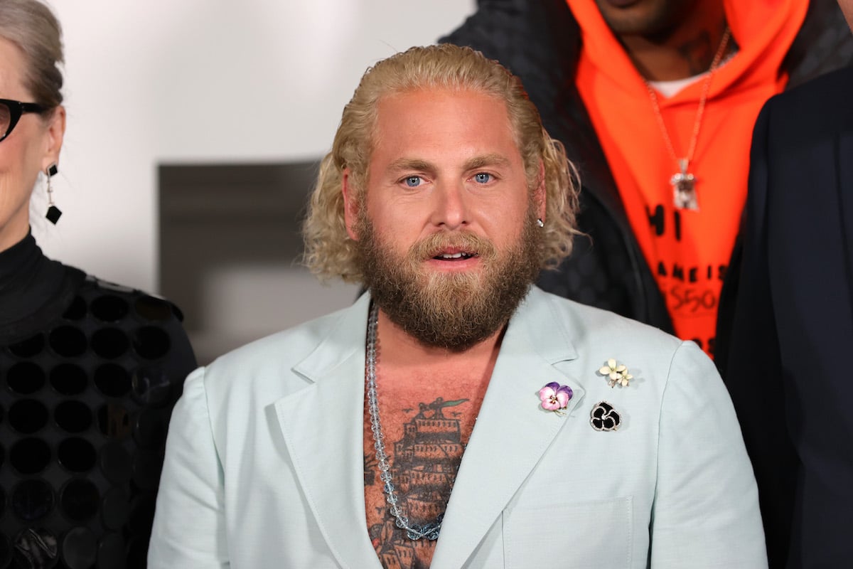 Jonah Hill attends the world premiere of Netflix's "Don't Look Up" in a pale blue blazer