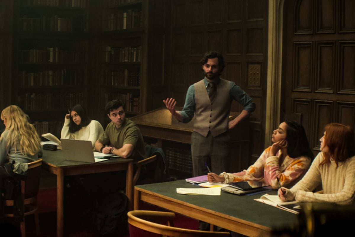 In You Season 4, Joe Goldberg lectures his university students.