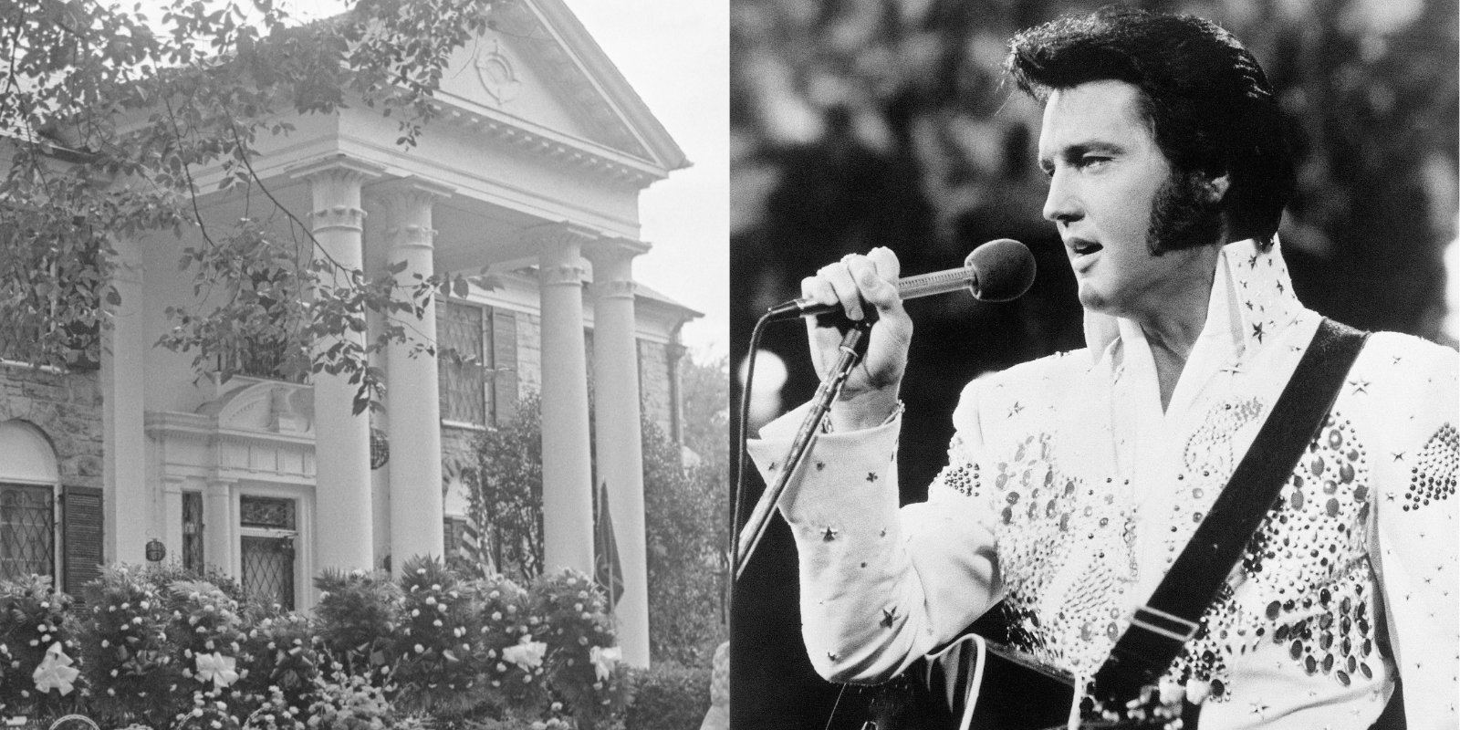 Side by side photographs of Graceland in Memphis, TN and an image of Elvis Presley.