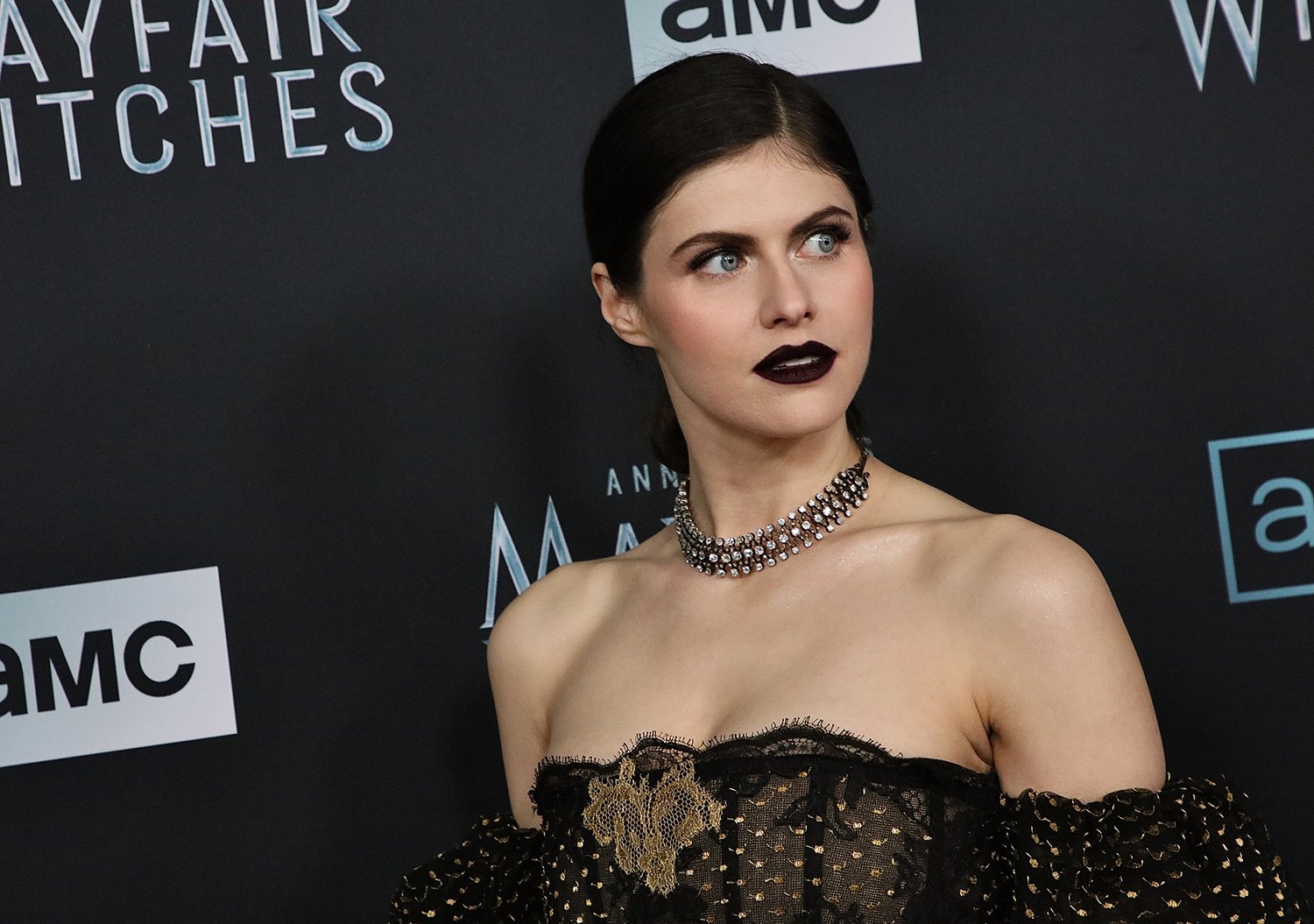 Alexandra Daddario poses at the premiere of Mayfair Witches in Los Angeles.