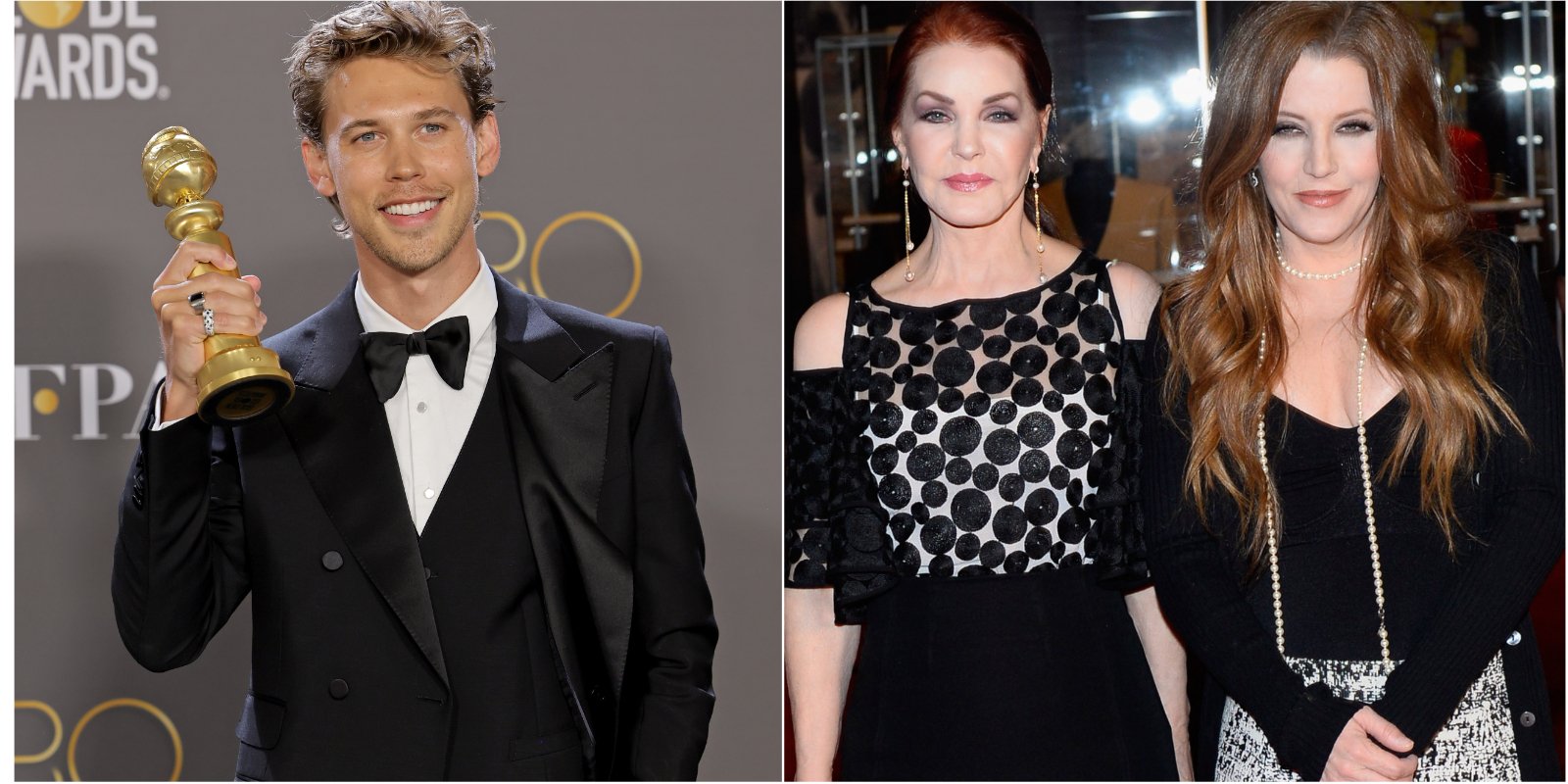 Austin Butler, Priscilla Presley and Lisa Marie Presley in side by side photographs.