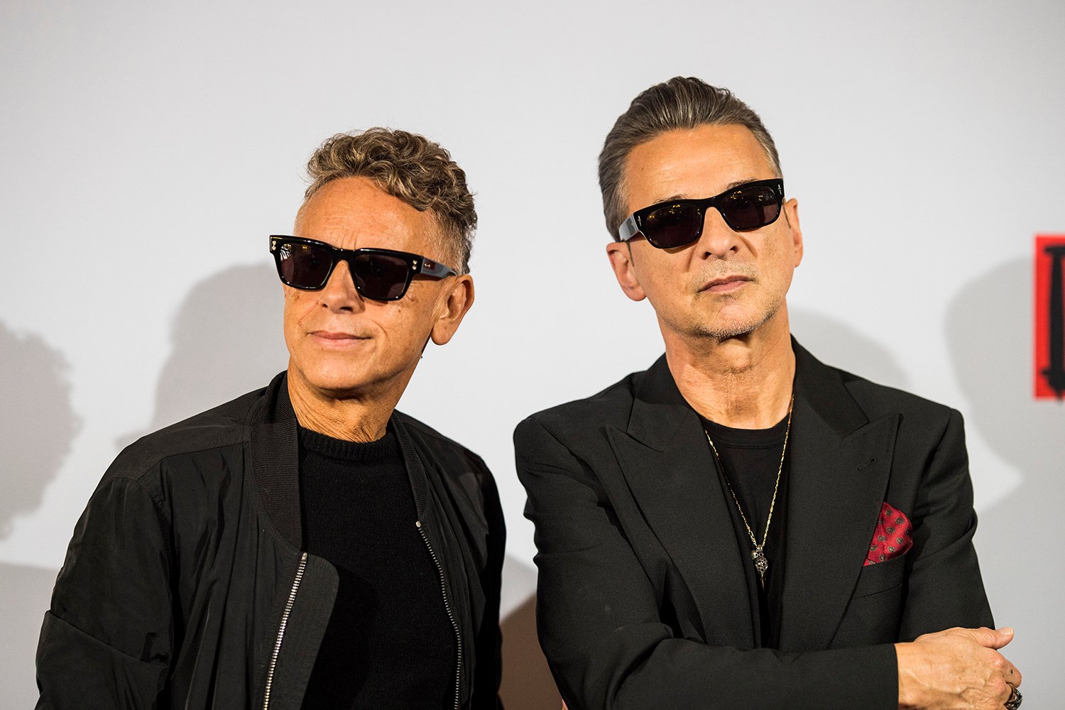 Martin Gore and Dave Gahan of Depeche Mode pose for a photo at a press conference in Berlin