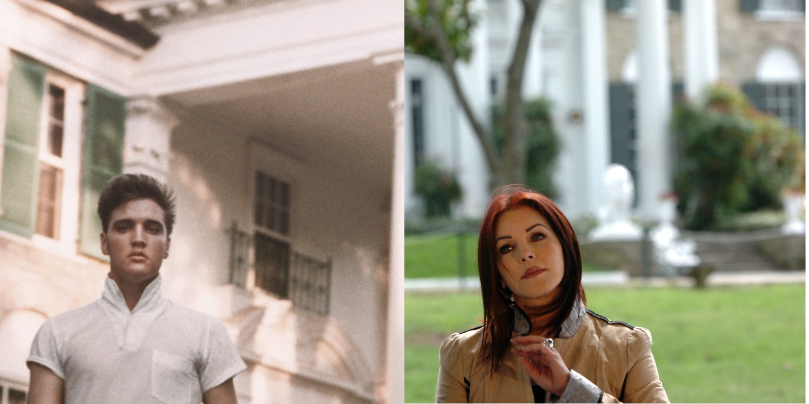 Elvis and Priscilla Presley in side by side images taken outside of Graceland in Memphis, TN.