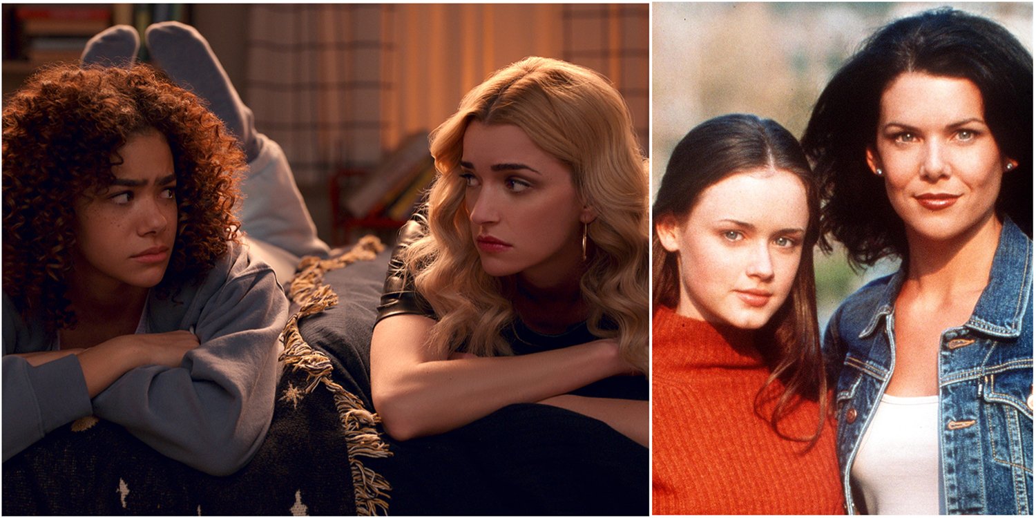 LEFT: Atonia Gentry as Ginny Miller and Brianne Howey as Georgia Miller looking disappointedly at each other in Ginny & Georgia; RIGHT: Alexis Bledel as Rory Gilmore and Lauren Graham as Lorelai GIlmore posing together for a Gilmore Girls promo image