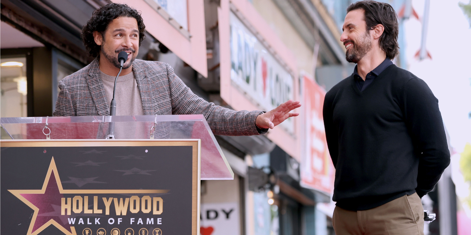 Jon Huertas and Milo Ventimiglia pose during his Hollywood Walk of Fame induction ceremony.