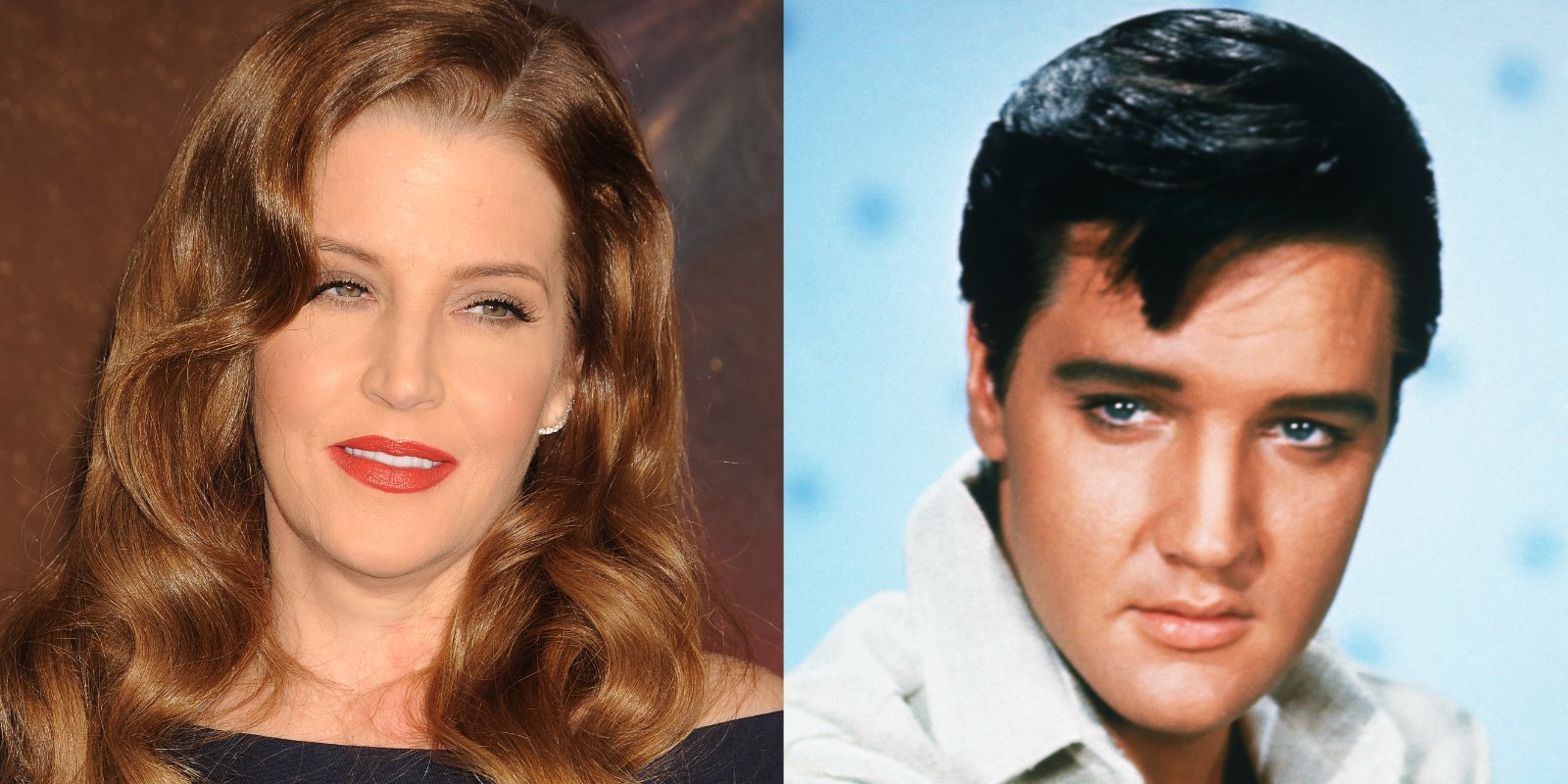 Lisa Marie Presley and Elvis Presley in a set of side by side photographs.
