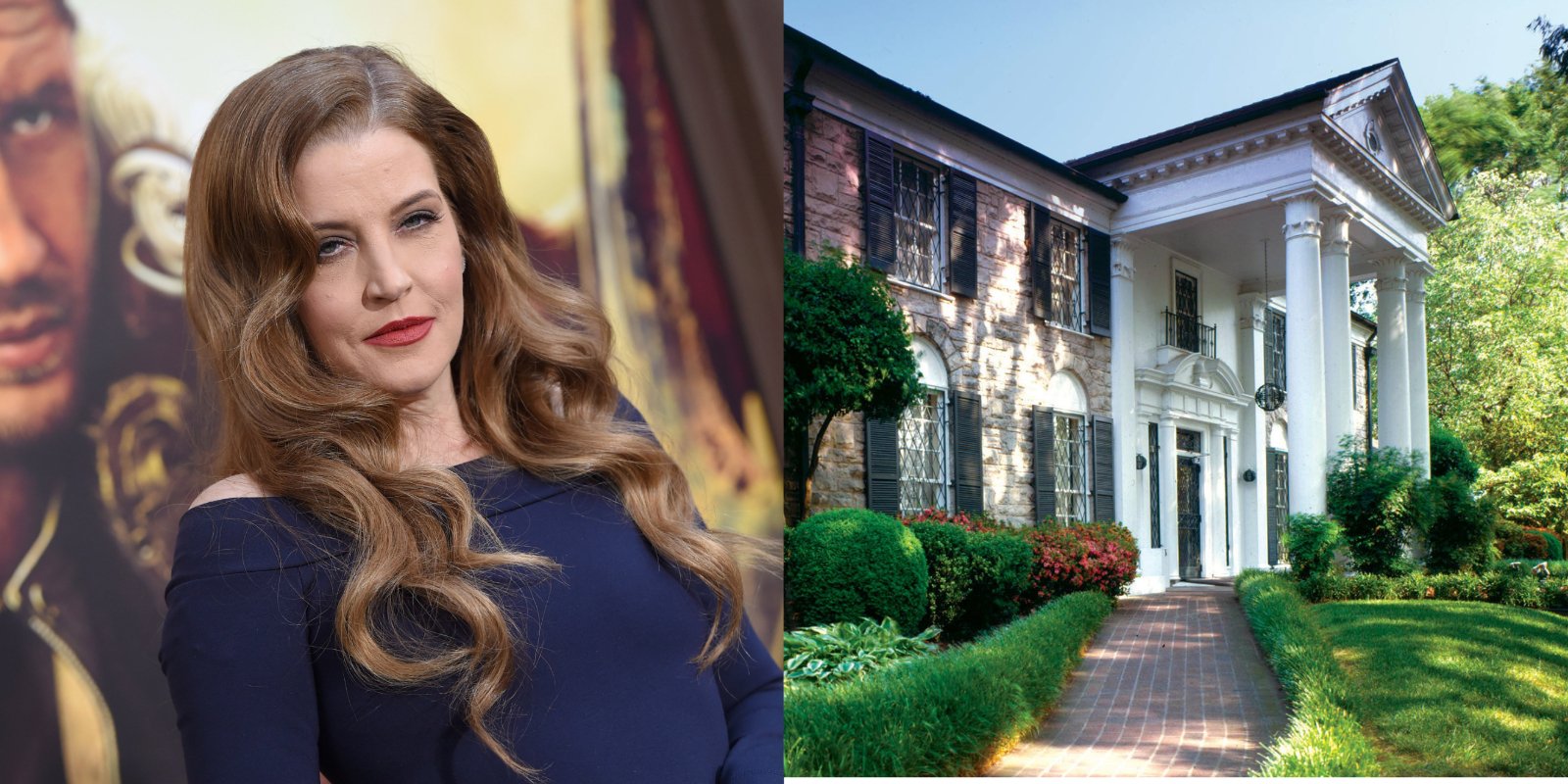 Side by side photos of Lisa Marie Presley and her Graceland home in Memphis, TN.